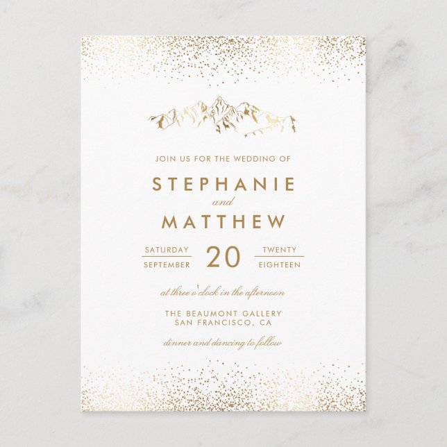 Cartão Postal De Convite Casamento de Montanha Chic White e Gold Foil Confe (Frente)