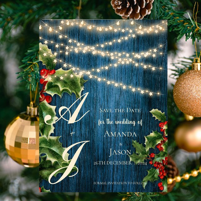 Cartão Postal De Convite Casamento De Natal Do Monograma De Madeira Azul Sa (Blue Wood Monogram Christmas Wedding Save The Date Invitation Postcard)