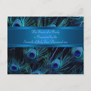 Cartão Postal De Convite Casamento de Penas de Pavão Roxo Azul Real