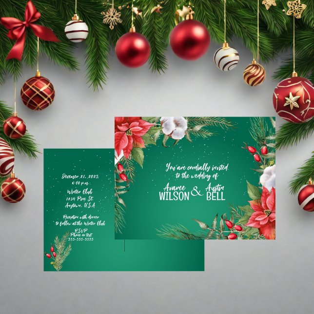 Cartão Postal De Convite Casamento de Poinsettia de Natal Vermelho e Verde (Criador carregado)