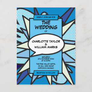 Cartão Postal De Convite Casamento de Quadrinhos Azul Diversão Moderna