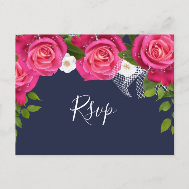 Cartão Postal De Convite Casamento de Rosa Azul e Rosa Rosa - RSVP (Frente)