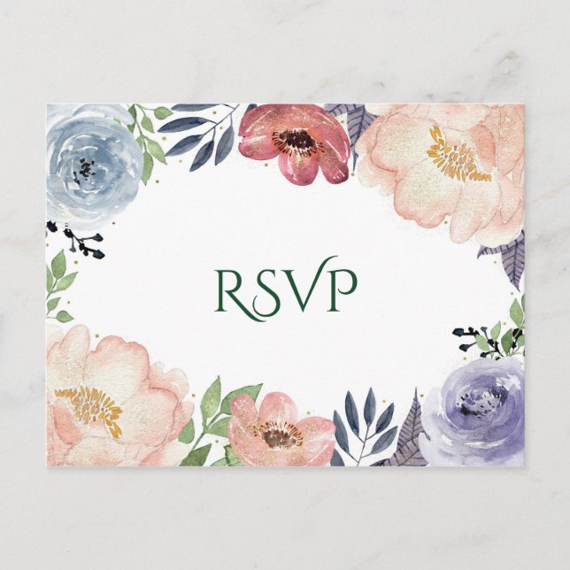 Cartão Postal De Convite Casamento de RSVP Chic Elegante de Aquarela Floral (Frente)