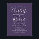 Cartão Postal De Convite Casamento de Script de Assinatura Roxo<br><div class="desc">Apresentando nomes de estilo de assinatura,  este cartão postal de convite para casamento roxo elegante pode ser personalizado com suas informações em letra chic. Projetado por Thisnotme©</div>