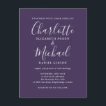 Cartão Postal De Convite Casamento de Script de Assinatura Roxo<br><div class="desc">Apresentando nomes de estilo de assinatura,  este cartão postal de convite para casamento roxo elegante pode ser personalizado com suas informações em letra chic. Projetado por Thisnotme©</div>