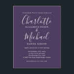 Cartão Postal De Convite Casamento de Script de Assinatura Roxo<br><div class="desc">Apresentando nomes de estilo de assinatura,  este cartão postal de convite para casamento roxo elegante pode ser personalizado com suas informações em letra chic. Projetado por Thisnotme©</div>