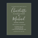 Cartão Postal De Convite Casamento de Script de Assinatura Verde-Oliva<br><div class="desc">Apresentando nomes de estilo de assinatura,  este elegante cartão postal de casamento verde-oliva pode ser personalizado com suas informações de casamento em cartazes modernos. Projetado por Thisnotme©</div>