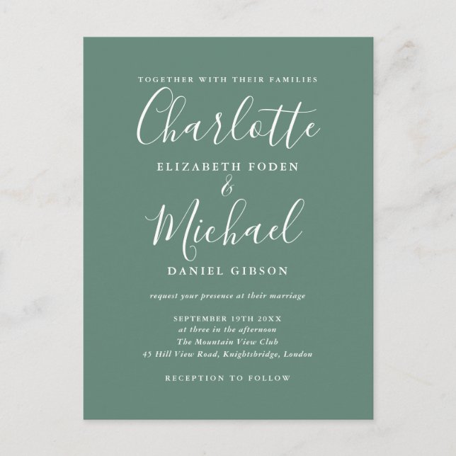 Cartão Postal De Convite Casamento de Script Moderno Elegante Verde Eucalyp (Frente)