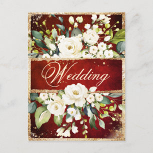 Cartão Postal De Convite Casamento Dourado Botânico Floral Vermelho Branco