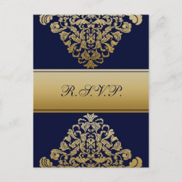 Cartão Postal De Convite Casamento Dourado do Marinho de Filigree Elegante