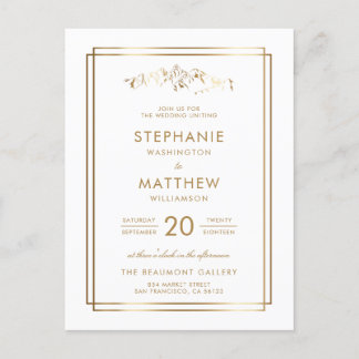 Cartão Postal De Convite Casamento Dourado e Branco Elegante