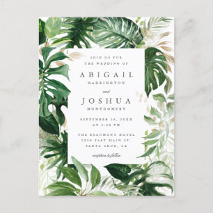 Cartão Postal De Convite Casamento Dourado e com vegetação tropical de aqua