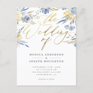 Cartão Postal De Convite Casamento Dourado Floral Azul Dusty