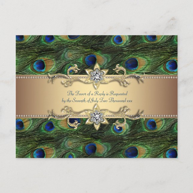 Cartão Postal De Convite Casamento Dourado Real de Peacock Indiano Emerald  (Frente)