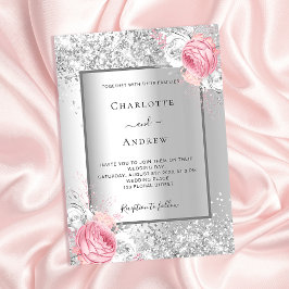Cartão Postal De Convite Casamento elegante com flores brancas prateadas