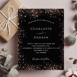 Cartão Postal De Convite Casamento elegante com rosa de ouro preto