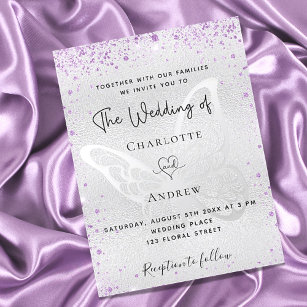 Cartão Postal De Convite Casamento elegante de borboleta roxa prateada