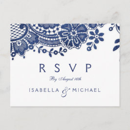 Cartão Postal De Convite Casamento elegante de vintage azul e branco RSVP