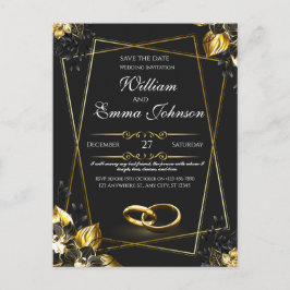 Cartão Postal De Convite Casamento Elegante Negro e Dourado
