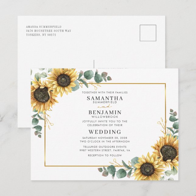 Cartão Postal De Convite Casamento Eucalyptus Sunflower (Frente/Verso)