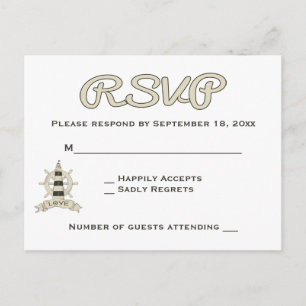 Cartão Postal De Convite Casamento Farol de Tan e Roda de Navio RSVP Náutic