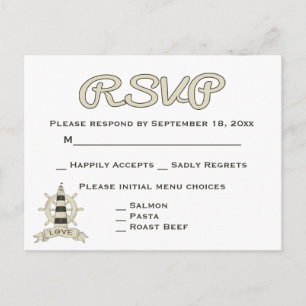 Cartão Postal De Convite Casamento Farol e Roda de Navio RSVP Náutico Tan