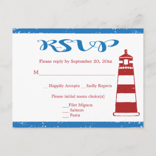 Cartão Postal De Convite Casamento / Festa RSVP Farol Vermelho Náutico Azul