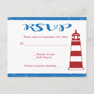 Cartão Postal De Convite Casamento / Festa RSVP Farol Vermelho Náutico Azul