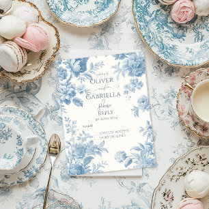 Cartão Postal De Convite Casamento Floral Azul-Azul, Toile Francesa Elegant