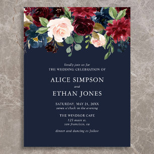Cartão Postal De Convite Casamento Floral Azul Borgonha Marinho Elegante