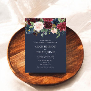 Cartão Postal De Convite Casamento Floral Azul Borgonha Marinho Elegante