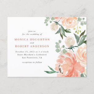 Cartão Postal De Convite Casamento Floral Cor-de-Água Pêssego e Rosa Esbran