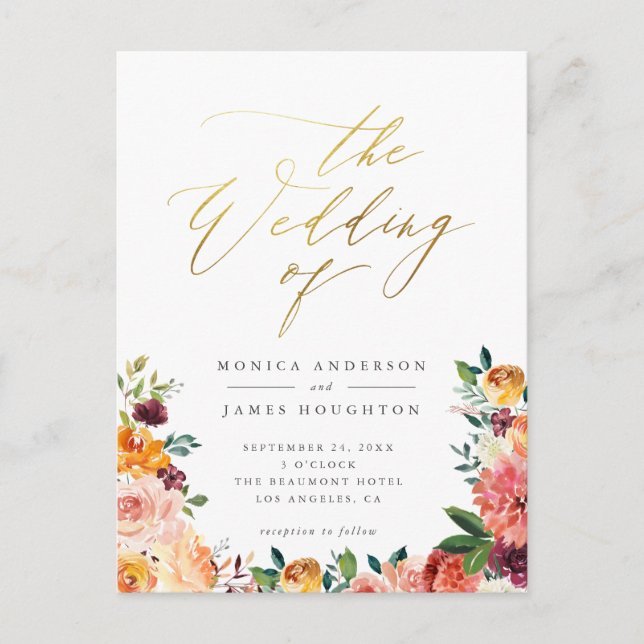 Cartão Postal De Convite Casamento Floral de Aquarela Dourada Elegante (Frente)