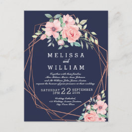 Cartão Postal De Convite Casamento Floral de Cobre Geométrico do marinho