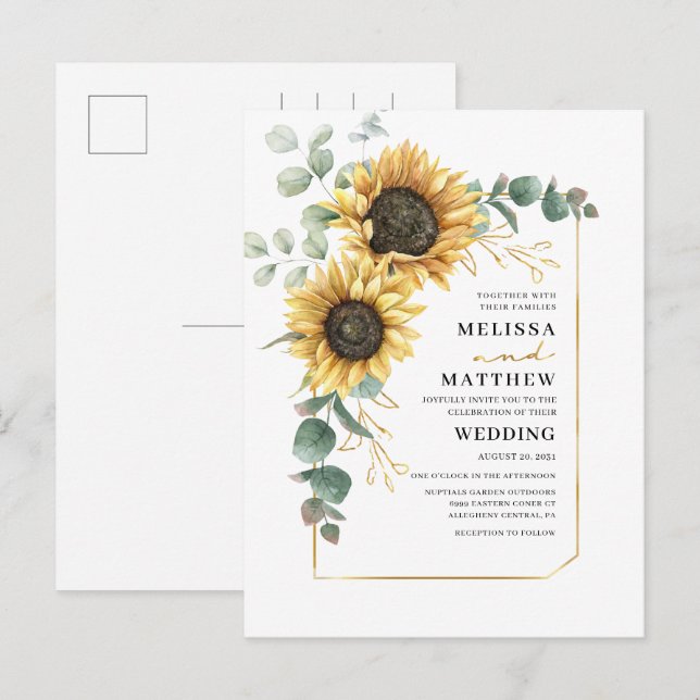 Cartão Postal De Convite Casamento Floral de Sunflower Eucalyptus (Frente/Verso)