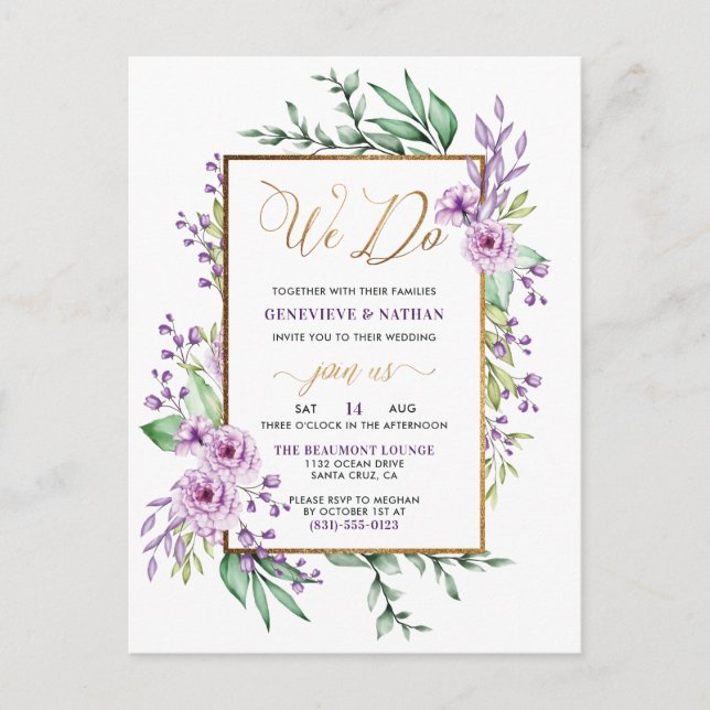 Cartão Postal De Convite Casamento Floral Dourado "Nós Fazemos" Pastel Purp (Frente)