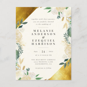 Cartão Postal De Convite Casamento floral geométrico Dourado elegante