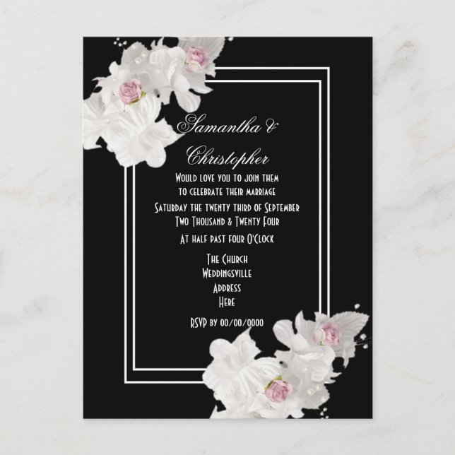 Cartão Postal De Convite Casamento floral preto e branco (Frente)