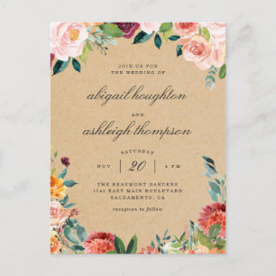 Cartão Postal De Convite Casamento Floral Rosa Rosa-Rosa-Blush Rustic Kraft