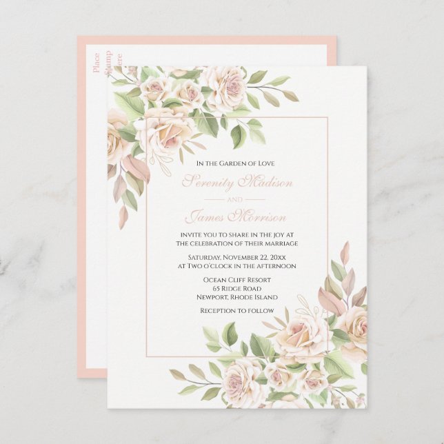 Cartão Postal De Convite Casamento Floral Rosa-Rosa-Rosa do Elegante (Frente/Verso)