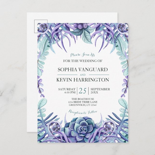 Cartão Postal De Convite Casamento Floral Suculente de Molereca Roxa Elegan (Frente/Verso)