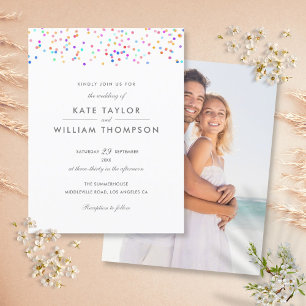 Cartão Postal De Convite Casamento Foto Confete Arco-Íris Moderno Elegante