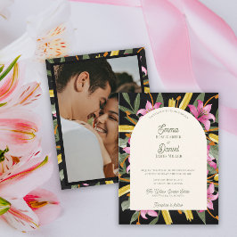 Cartão Postal De Convite Casamento Foto Lírio Rosa Bege Arqueado