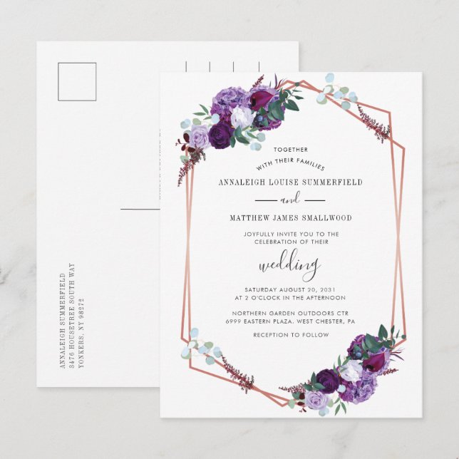 Cartão Postal De Convite Casamento Geométrico Dourado Rosa Floral Roxo (Frente/Verso)