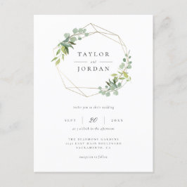 Cartão Postal De Convite Casamento Geométrico Eucalyptus Greenery, Dourado 