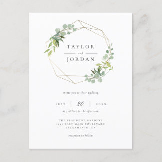 Cartão Postal De Convite Casamento Geométrico Eucalyptus Greenery, Dourado 