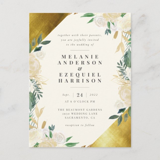 Cartão Postal De Convite Casamento Geométrico Floral Elegante Dourado (Frente)