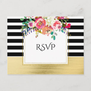 Cartão Postal De Convite Casamento Glam Floral Moderno Preto Branco Dourado