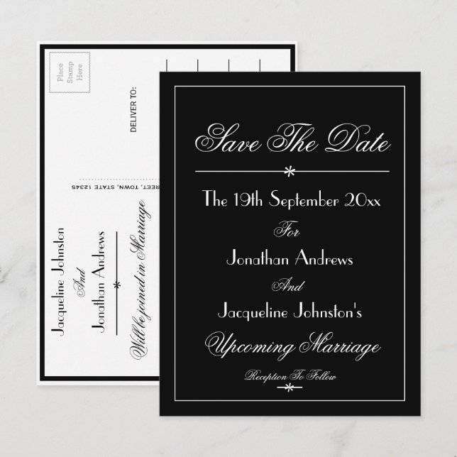Cartão Postal De Convite Casamento Guardar A Data B & W Chic Elegante (Frente/Verso)