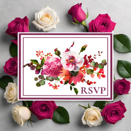 Cartão Postal De Convite Casamento Magenta Rosa Coral Floral RSVP